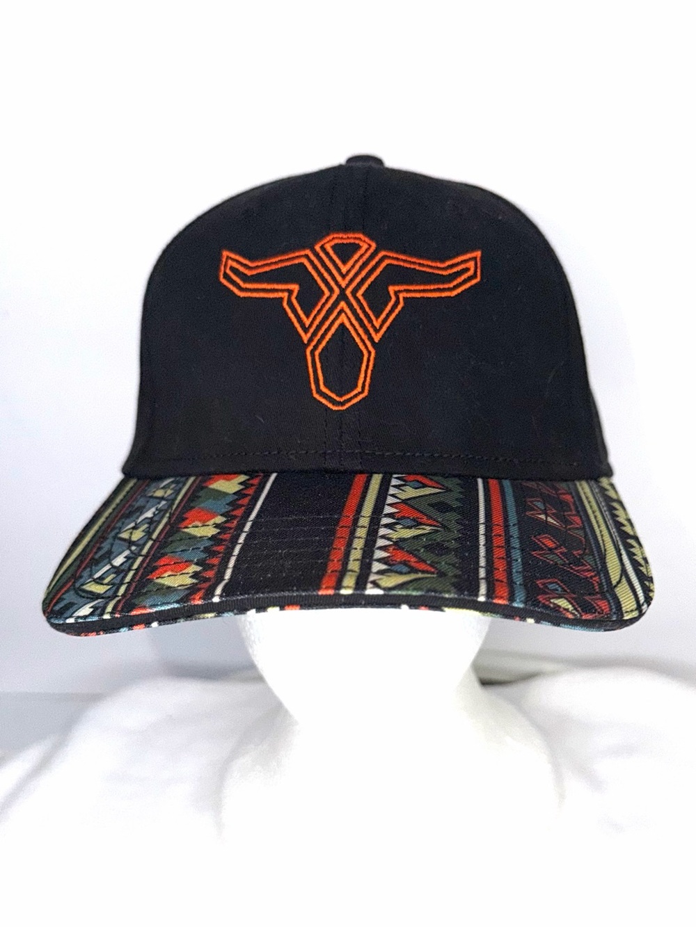 Wrangler Black Baseball Cap with Orange Logo and Multicolor Patterned Brim